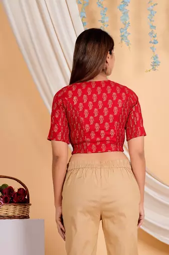 Women's Cotton Floral Gold Printed Regular Blouse Red