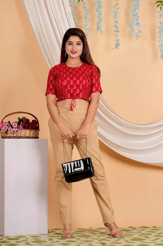 Women's Cotton Floral Gold Printed Regular Blouse Red