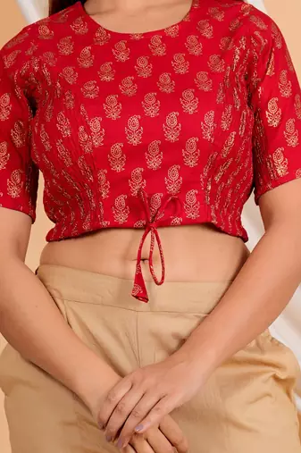 Women's Cotton Floral Gold Printed Regular Blouse Red