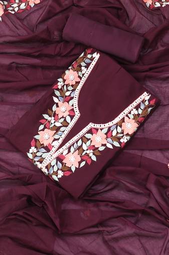 Wine embroidered floral  silk unstitched dress material