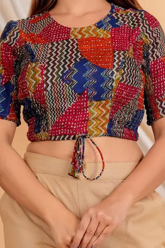 Women's Rayon Geomatrical Patch Printed Regular Blouse Multicolor