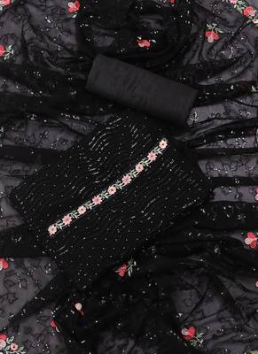 Black embellished floral  georgette unstitched dress material 1