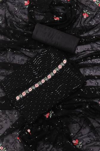 Black embellished floral  georgette unstitched dress material