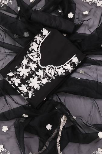 Black embroidered floral  silk blend unstitched dress material