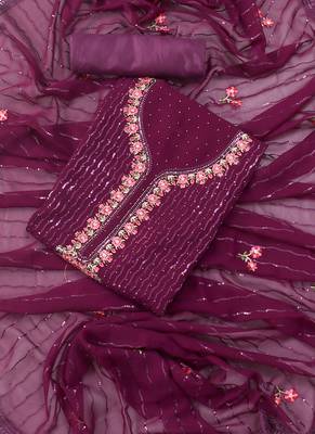Wine embellished floral  georgette unstitched dress material 1