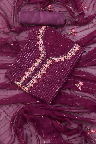 Wine embellished floral  georgette unstitched dress material