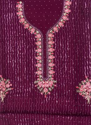 Wine embellished floral  georgette unstitched dress material 4