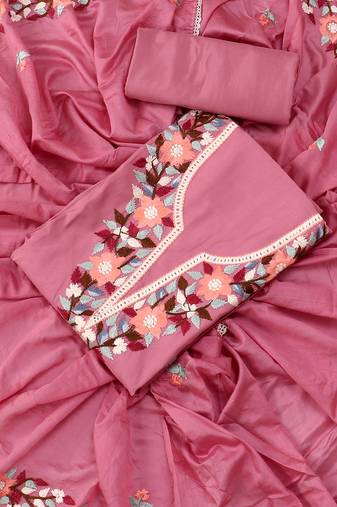 Mauve embroidered floral  silk unstitched dress material