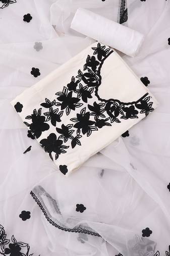 Off white embroidered floral  silk blend unstitched dress material