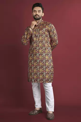 Multicolour printed pure silk straight kurta