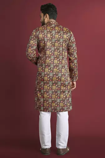 Multicolour printed pure silk straight kurta