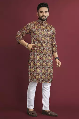 Multicolour printed pure silk straight kurta