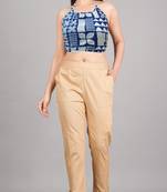 Women's Cotton Blue Geomatrical Handblock Printed Freesize Backless Blouse Blue