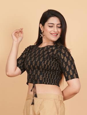Women's Cotton Golden Floral Printed Regular Blouse Black 2