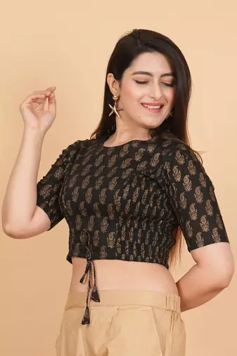 Women's Cotton Golden Floral Printed Regular Blouse Black