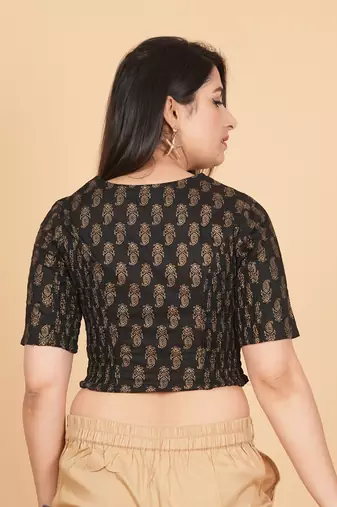 Women's Cotton Golden Floral Printed Regular Blouse Black