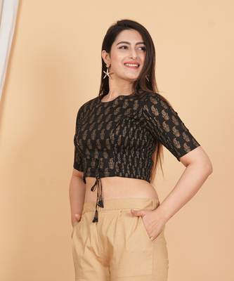 Women's Cotton Golden Floral Printed Regular Blouse Black 5
