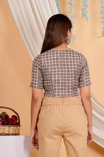 Women's Cotton Geomatrical Printed Regular Blouse Brown