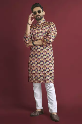 Multicolour printed pure silk straight kurta