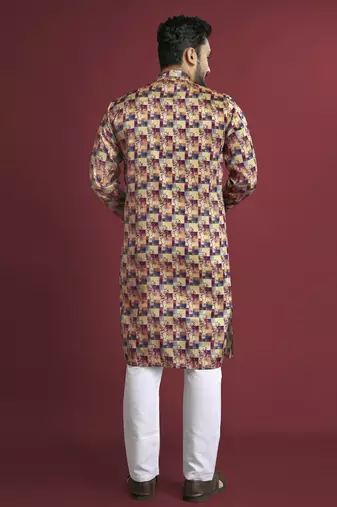Multicolour printed pure silk straight kurta