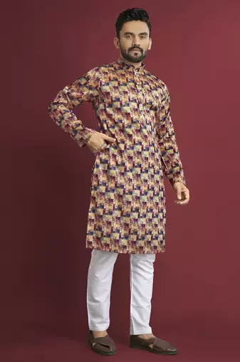 Multicolour printed pure silk straight kurta