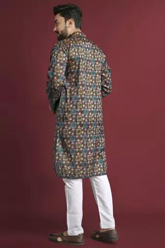 Multicolour printed pure silk straight kurta