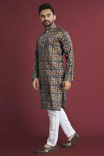 Multicolour printed pure silk straight kurta