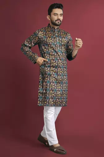 Multicolour printed pure silk straight kurta
