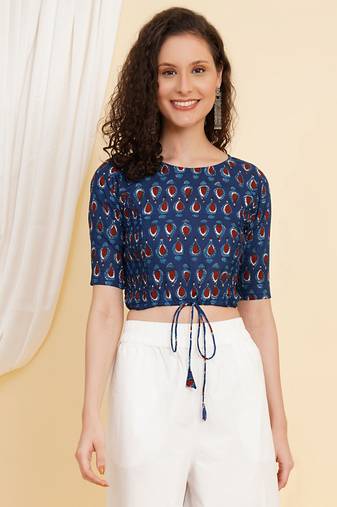 Women's Cotton Floral Printed Regular Blouse Blue