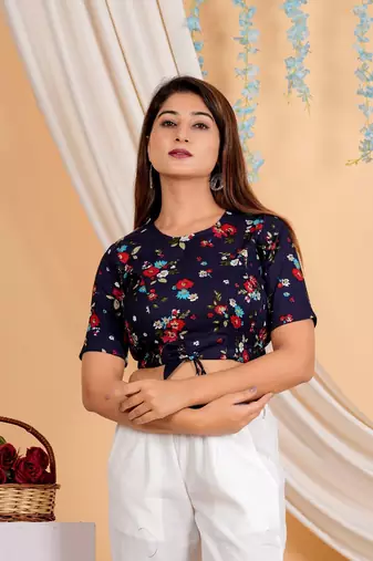 Women's Cotton Floral Printed Regular Blouse Blue