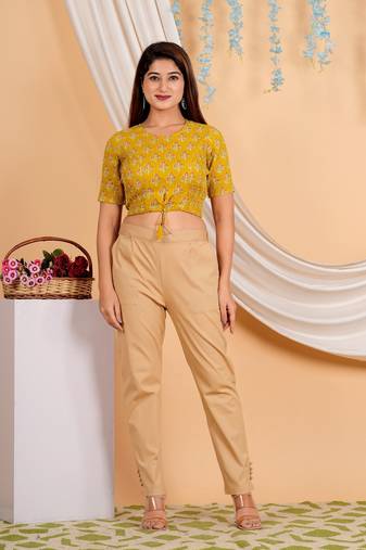 Women's Cotton Lurex Floral Printed Regular Blouse Mustard