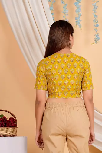 Women's Cotton Lurex Floral Printed Regular Blouse Mustard