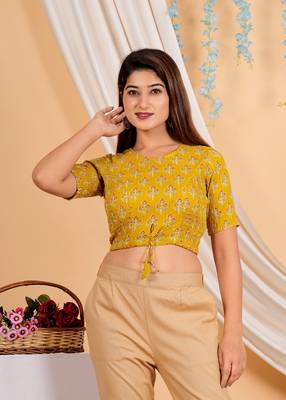 Women's Cotton Lurex Floral Printed Regular Blouse Mustard 4