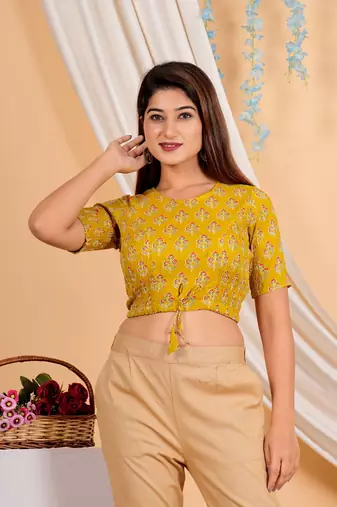 Women's Cotton Lurex Floral Printed Regular Blouse Mustard