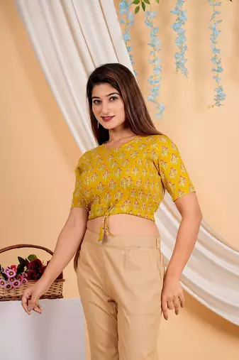 Women's Cotton Lurex Floral Printed Regular Blouse Mustard