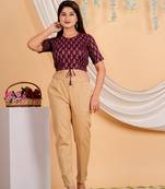 Women's Cotton Golden Floral Buti Printed Regular Blouse Wine