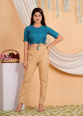 Women's Cotton Golden Floral Buti Printed Regular Blouse Blue 1