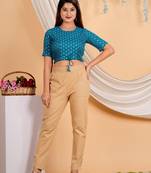 Women's Cotton Golden Floral Buti Printed Regular Blouse Blue