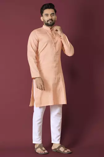 Orange solid soft jacquard silk straight kurta