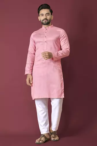 Pink solid soft jacquard silk straight kurta