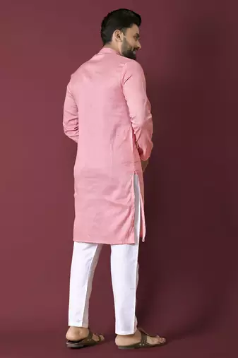 Pink solid soft jacquard silk straight kurta