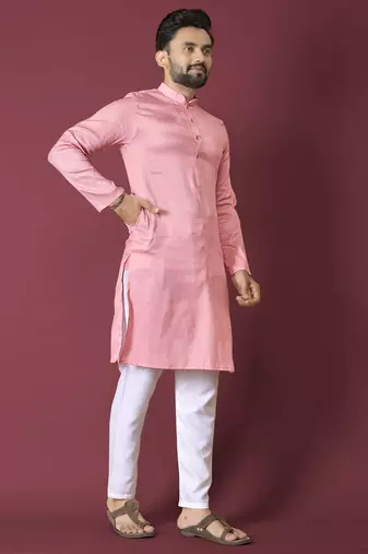 Pink solid soft jacquard silk straight kurta