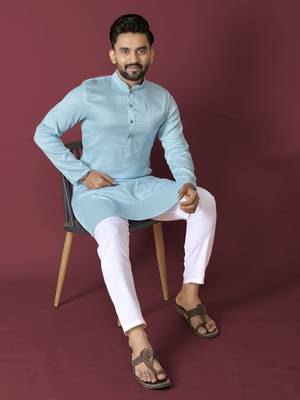 Sky blue solid soft jacquard silk straight kurta 1