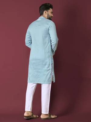 Sky blue solid soft jacquard silk straight kurta 3