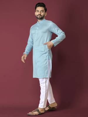 Sky blue solid soft jacquard silk straight kurta 4