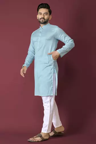 Sky blue solid soft jacquard silk straight kurta