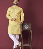 Yellow solid soft jacquard silk straight kurta