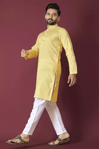 Yellow solid soft jacquard silk straight kurta