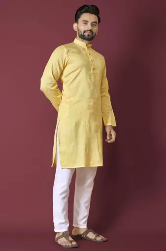 Yellow solid soft jacquard silk straight kurta