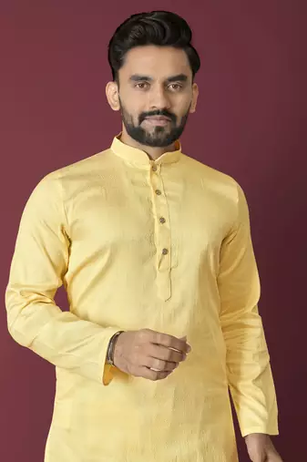 Yellow solid soft jacquard silk straight kurta
